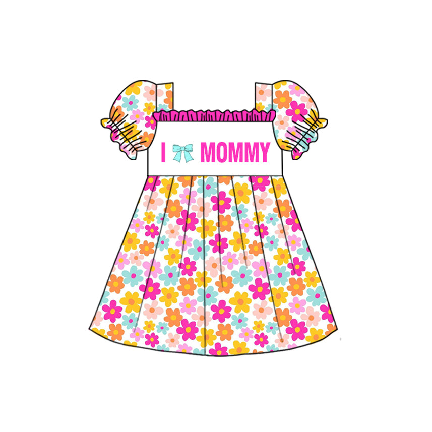 MOQ 5 Preorder GSD2982 I Love Mommy Colored Flower Puff Short Sleeve Dresses for Girls 202510