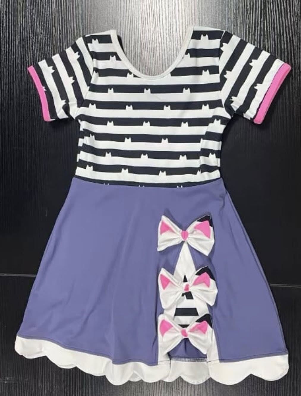 MOQ 5 Preorder GSD2983 Kitten Bow Stripe Purple Short Sleeve Dresses for Girls 202510