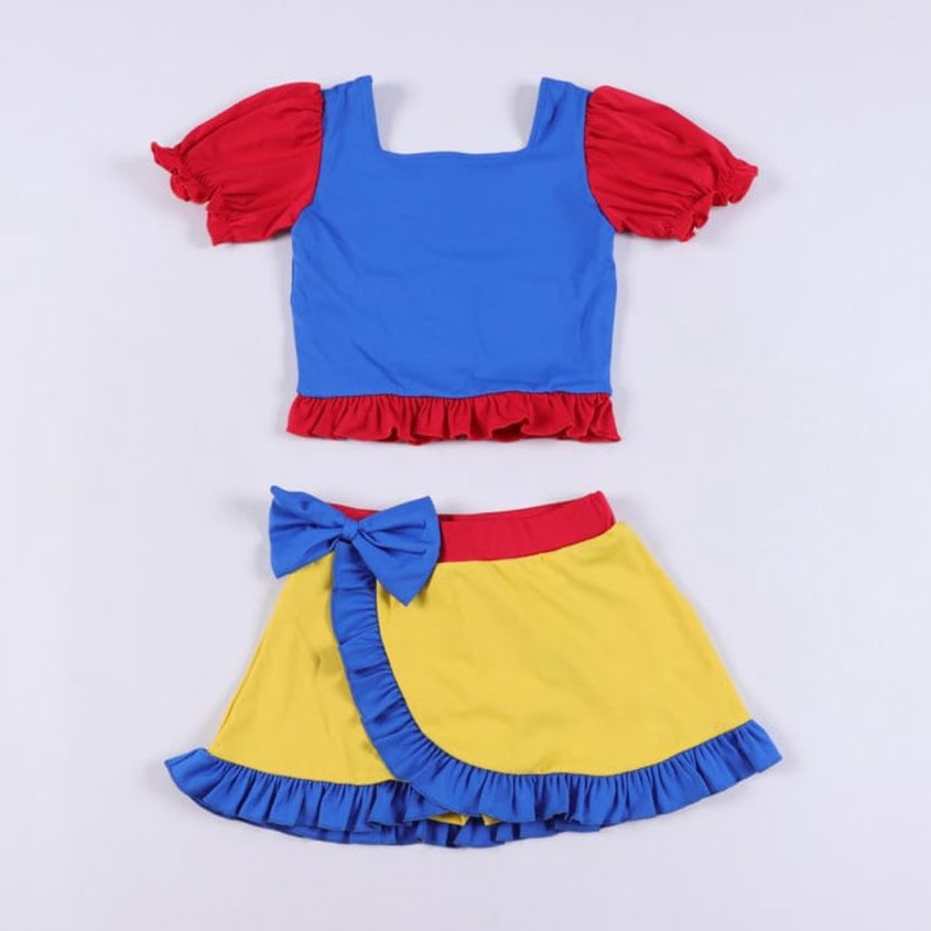 MOQ 5 preorder GSD2985 Cartoon Disney Solid Color Red Blue Yellow Ruffle Short Sleeve Skirts Girls Yoga Sets 202510