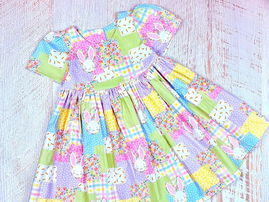 MOQ 5 Preorder GSD2997 Easter Bunny Flower Colored Plaid Short Sleeve Dresses for Girls 202510