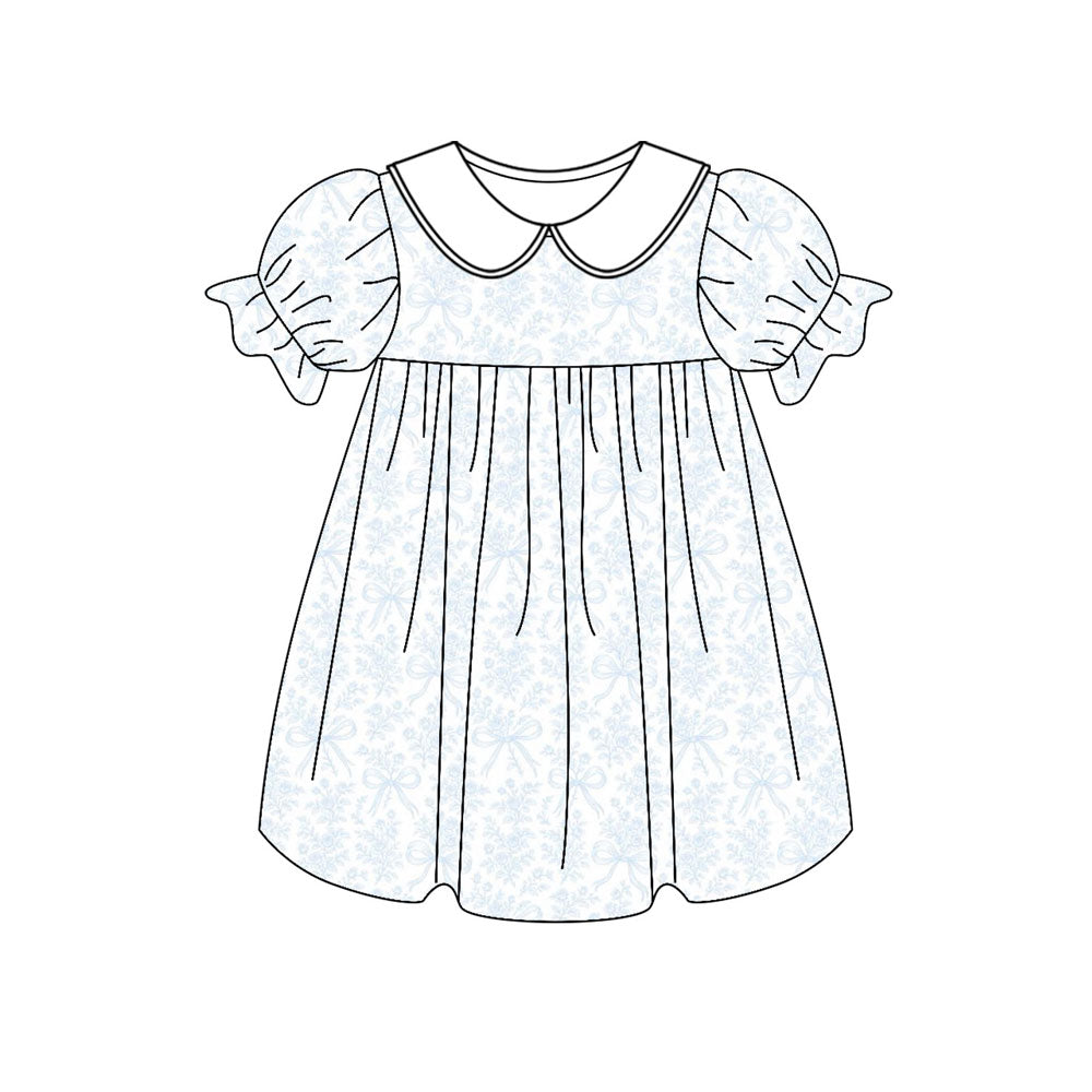 MOQ 5 Preorder GSD2999 Blue Flower Bows White Doll Collar Short Sleeve Dresses for Girls 202510