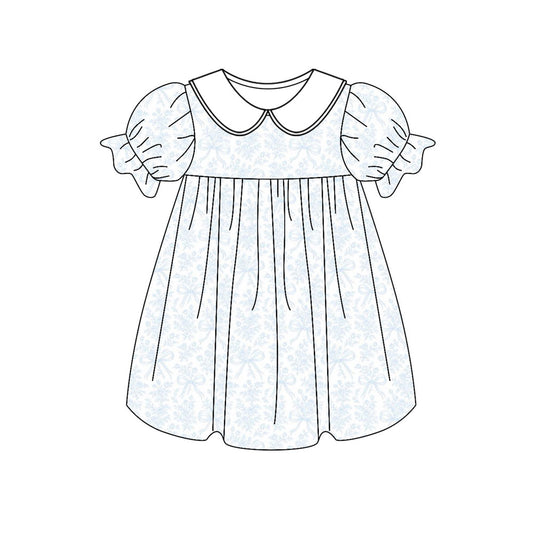 MOQ 5 Preorder GSD2999 Blue Flower Bows White Doll Collar Short Sleeve Dresses for Girls 202510