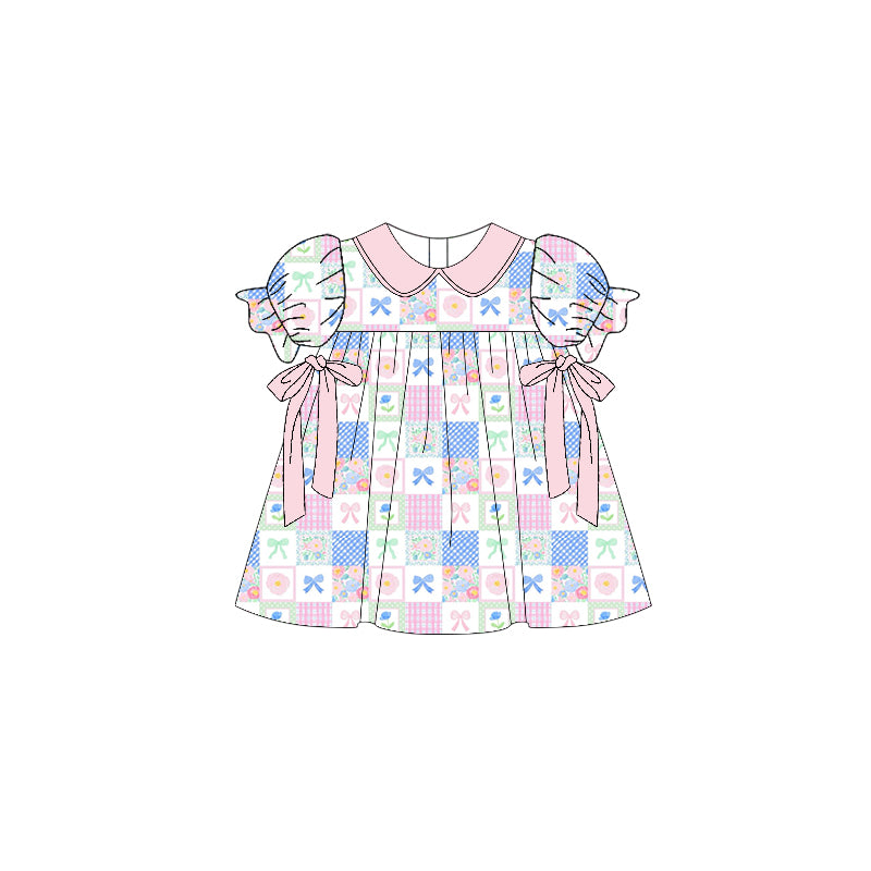 MOQ 5 Preorder GSD3001 Bows Flower Colored Plaid Pink Ruffle Short Sleeve Dresses for Girls 202510