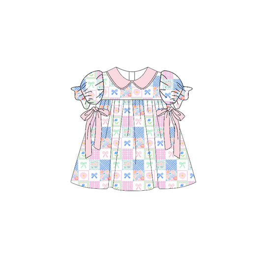 MOQ 5 Preorder GSD3001 Bows Flower Colored Plaid Pink Ruffle Short Sleeve Dresses for Girls 202510