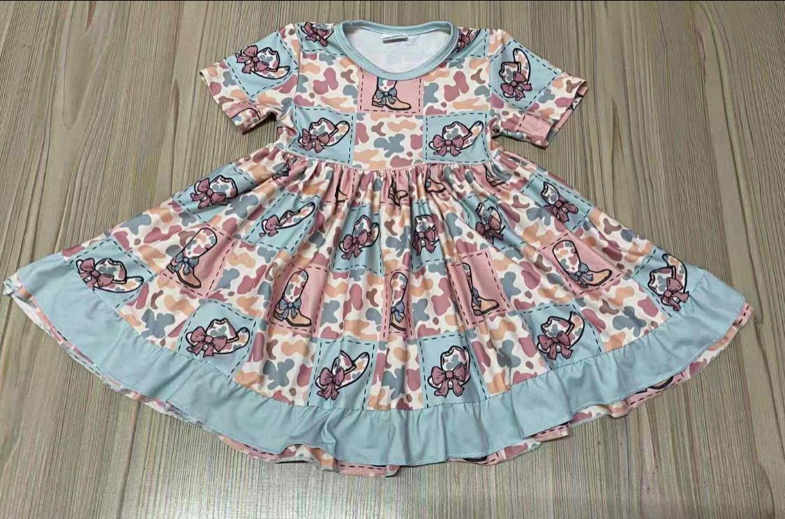MOQ 5 Preorder GSD3002 Cowgirl Bows Hat Boots Camouflage Blue Ruffle Short Sleeve Dresses for Girls 202510