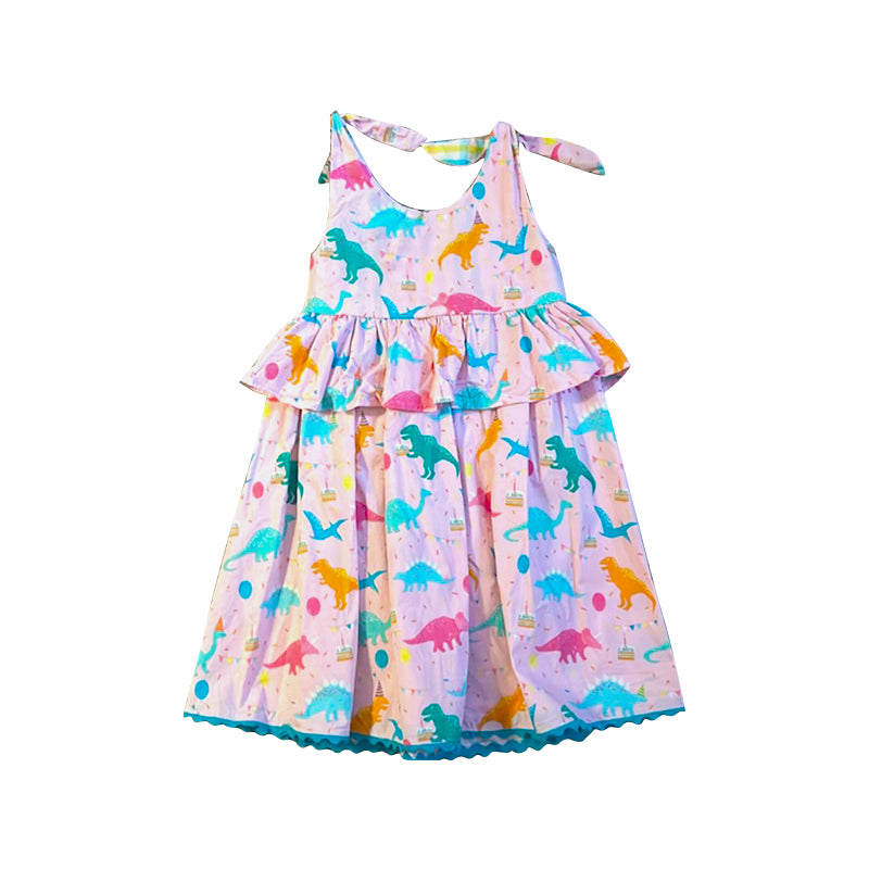 MOQ 5 Preorder GSD3007 Cake Dinosaur Pink Blue Sleeveless Dresses for Girls 202510