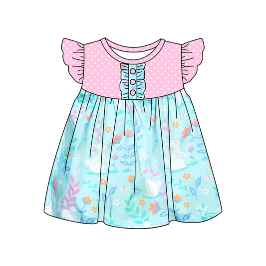 MOQ 5 Preorder GSD3009 Easter Bunny Flower Blue Ruffle Pink Dots Flying Sleeve Dresses for Girls 202510