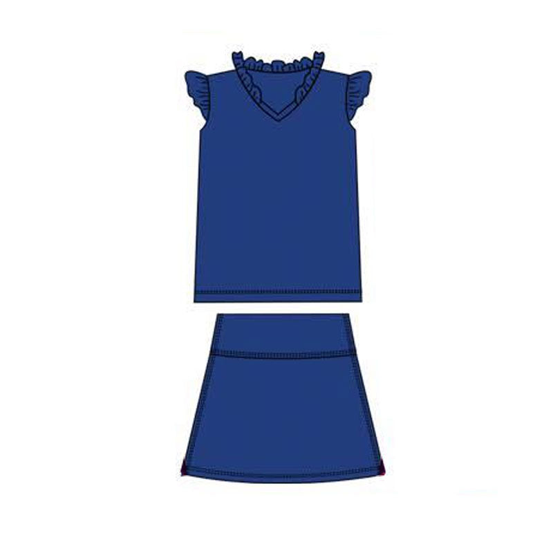 MOQ 5 PCS preorder GSD3015 Solid Navy Ruffle Flying Sleeve Skirts Girls Yoga Sets 202511