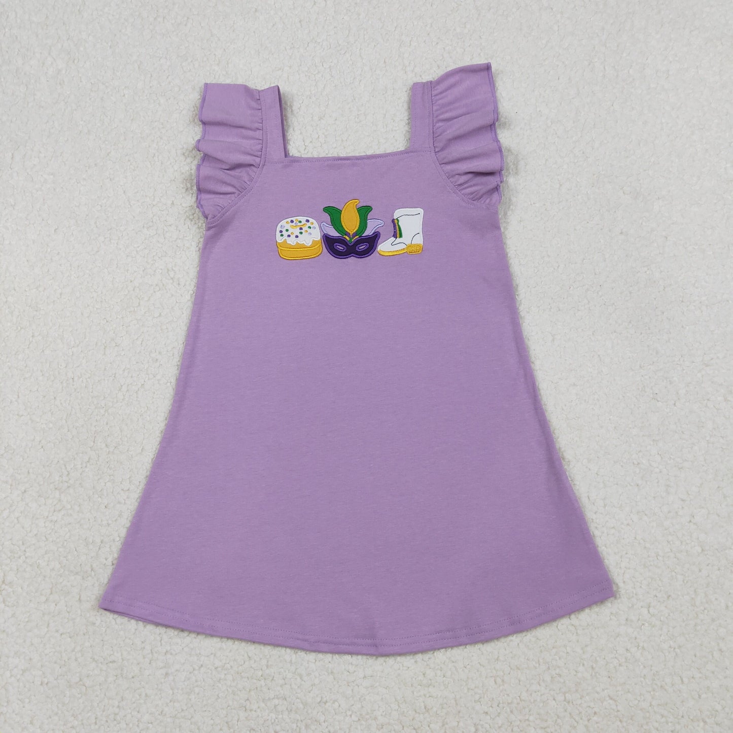 GSD3022 Embroidered Mardi Gras Cake Mask Purple Flying Sleeve Dresses for Girls 202601 RTS