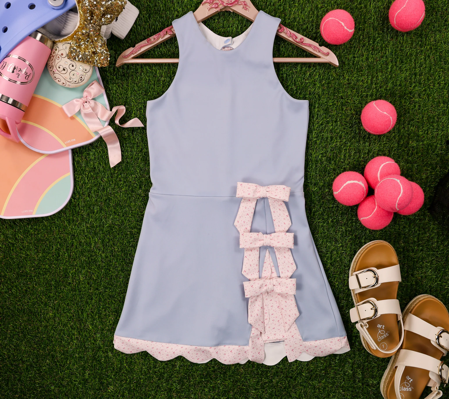 MOQ 5 PCS preorder GSD3030 Pink Flower Bows Blue Yoga Sleeveless Dresses for Girls 202511