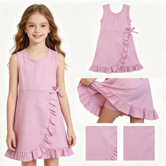 GSD3034 Solid Pink Ruffle Yoga Sleeveless Dresses for Girls 202604 RTS