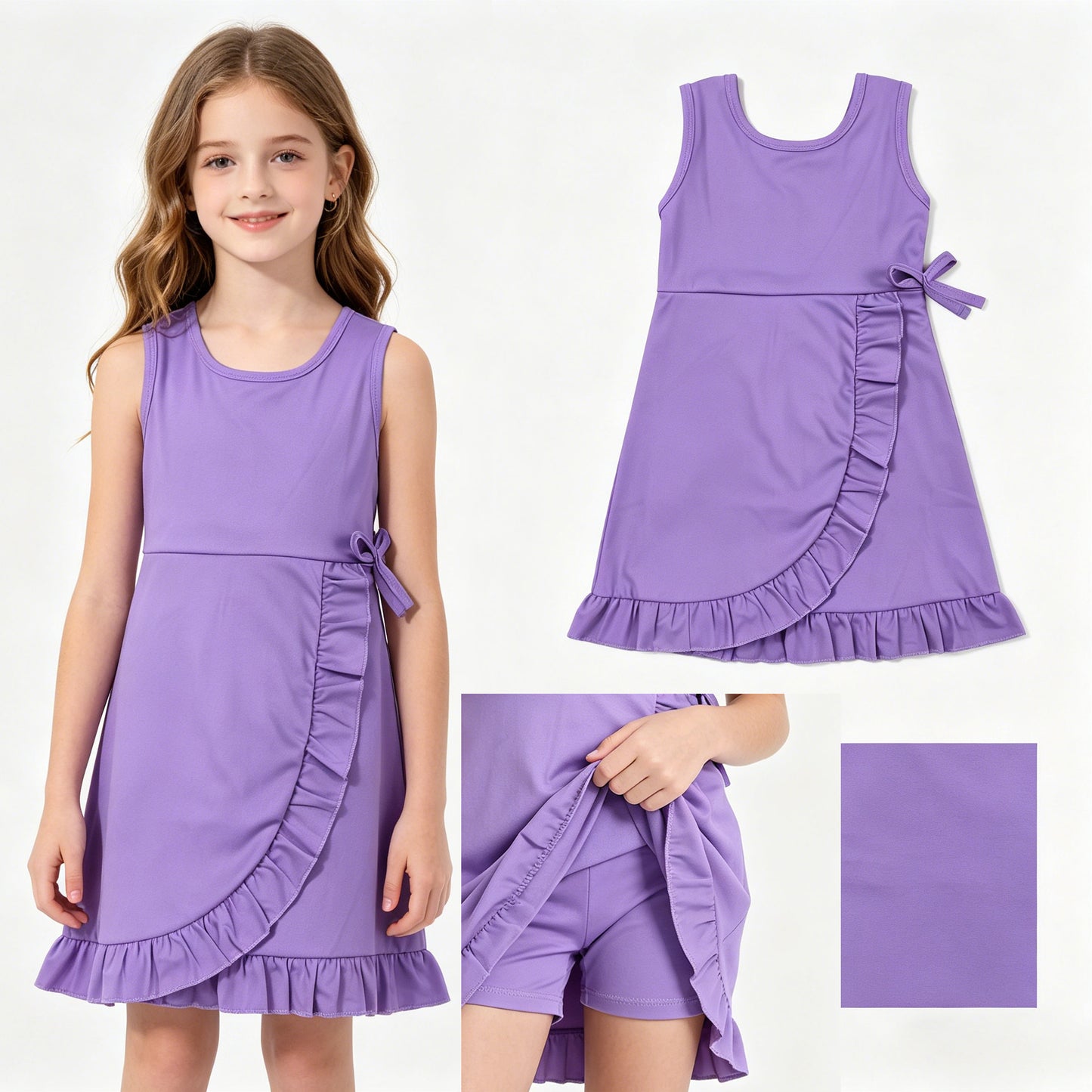 New GSD3036 Solid Purple Ruffle Yoga Sleeveless Dresses for Girls 202604 RTS