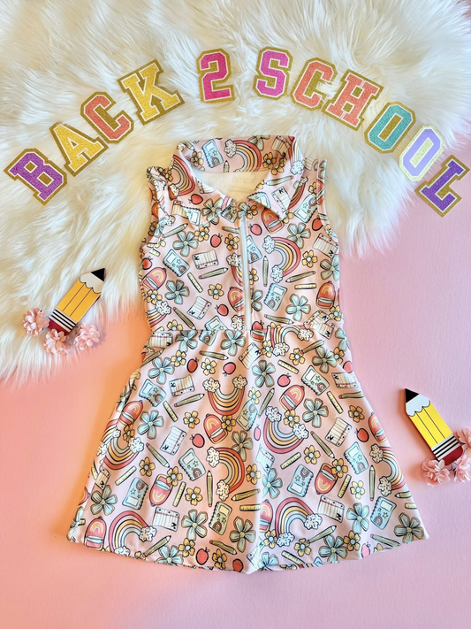 MOQ 5 PCS preorder GSD3038 Back to School Rainbow Pencil Flower Pink Zip Collar Yoga Sleeveless Dresses for Girls 202511