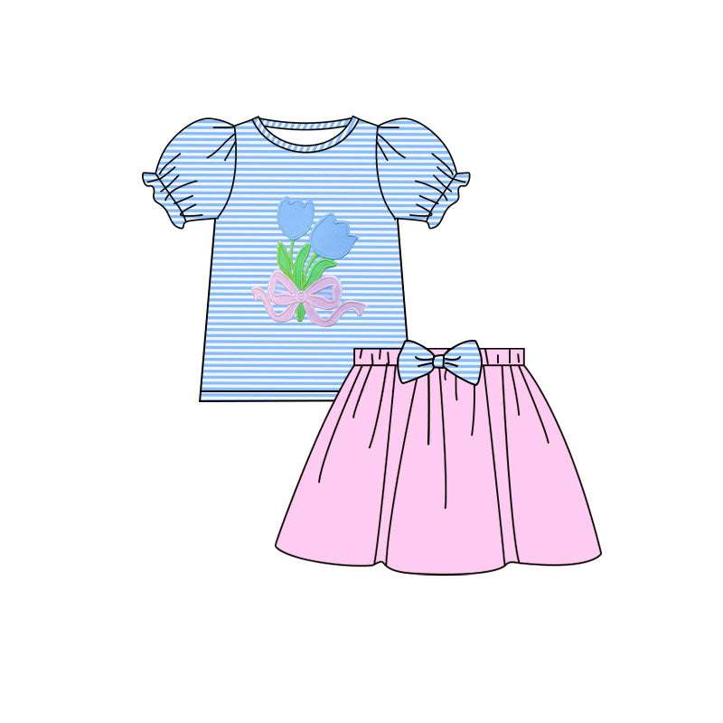 MOQ 5 PCS Preorder GSD3039 Tulip Blue Stripe Short Sleeve Pink Skirts Girls Sets 202511