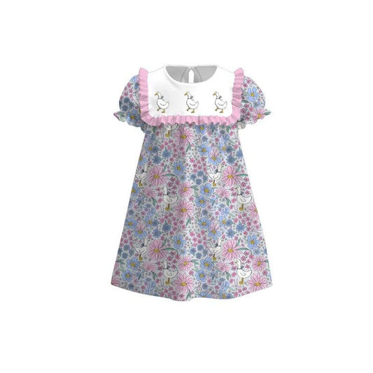 MOQ 5 PCS Preorder GSD3041  Ducks Pink Blue Flower Ruffle Short Sleeve Dresses for Girls 202511