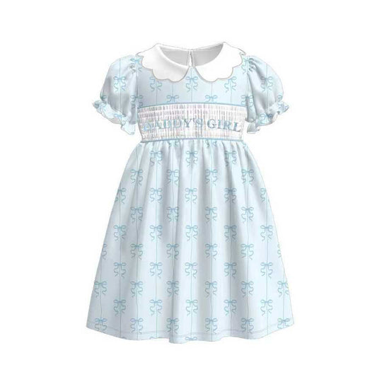 MOQ 5 PCS Preorder GSD3042 Daddy's Girl Blue Bows White Doll Collar Short Sleeve Dresses for Girls 202511