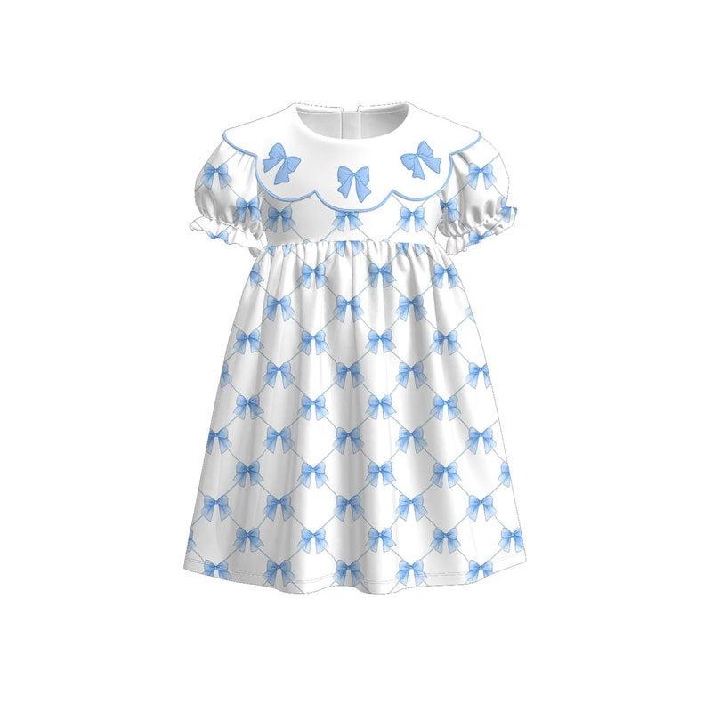 MOQ 5 PCS Preorder GSD3045 Blue Bows White Short Sleeve Dresses for Girls 202511