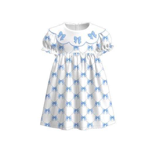 MOQ 5 PCS Preorder GSD3045 Blue Bows White Short Sleeve Dresses for Girls 202511