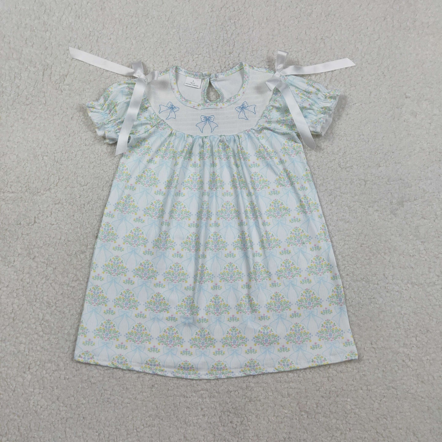 GSD3046 Smocked Floral Bows Blue Green Short Sleeve Dresses for Girls 202601 RTS