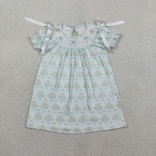 GSD3046 Smocked Floral Bows Blue Green Short Sleeve Dresses for Girls 202601 RTS