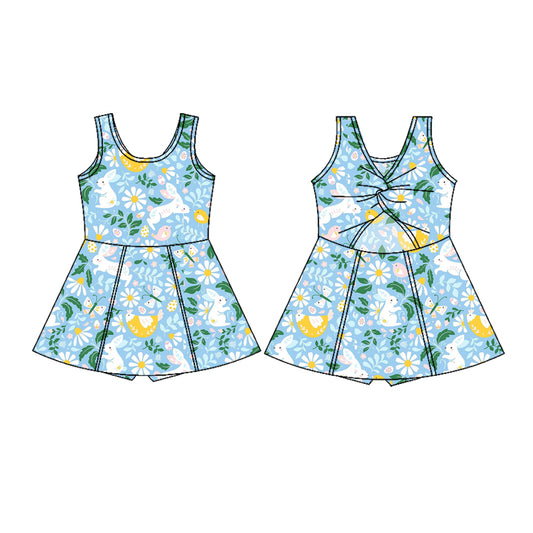 MOQ 5 PCS preorder GSD3048 Easter Bunny Flower Leaf Blue Green Yoga Sleeveless Dresses for Girls 202511