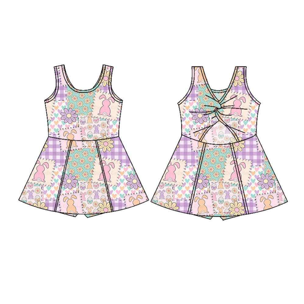 MOQ 5 PCS preorder GSD3051 Easter Bunny Flower Plaid Purple Pink Yoga Sleeveless Dresses for Girls 202511