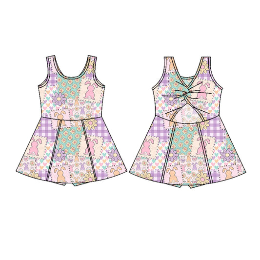 MOQ 5 PCS preorder GSD3051 Easter Bunny Flower Plaid Purple Pink Yoga Sleeveless Dresses for Girls 202511