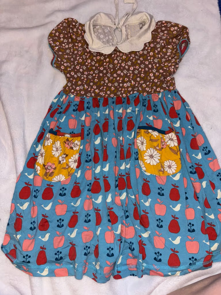 MOQ 5 PCS Preorder GSD3056 Flower Pocket Bird Apple Brown Blue Short Sleeve Dresses for Girls 202511