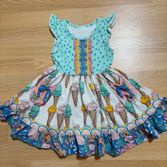 MOQ 5 PCS Preorder GSD3057 Ice Cream Star Flower Ruffle Blue Flying Sleeve Dresses for Girls 202511