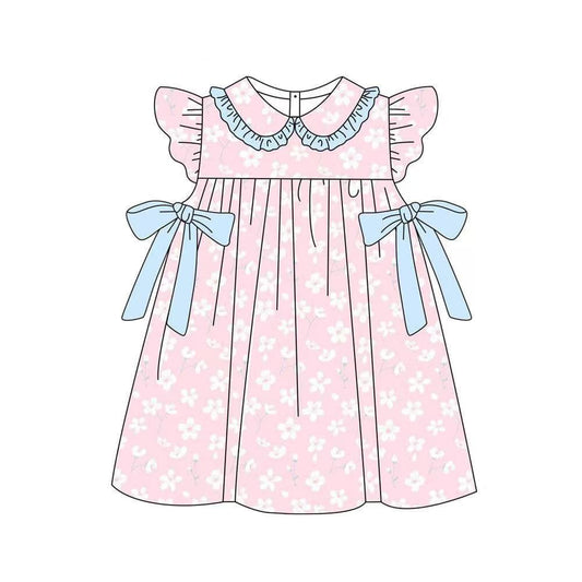 MOQ 5 PCS Preorder GSD3062 Flower Blue Bows Pink Doll Collar Flying Sleeve Dresses for Girls 202511