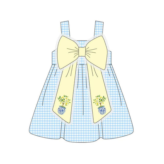 MOQ 5 PCS Preorder GSD3063 Plant Vase Yellow Bow Blue Plaid Sleeveless Dresses for Girls 202511