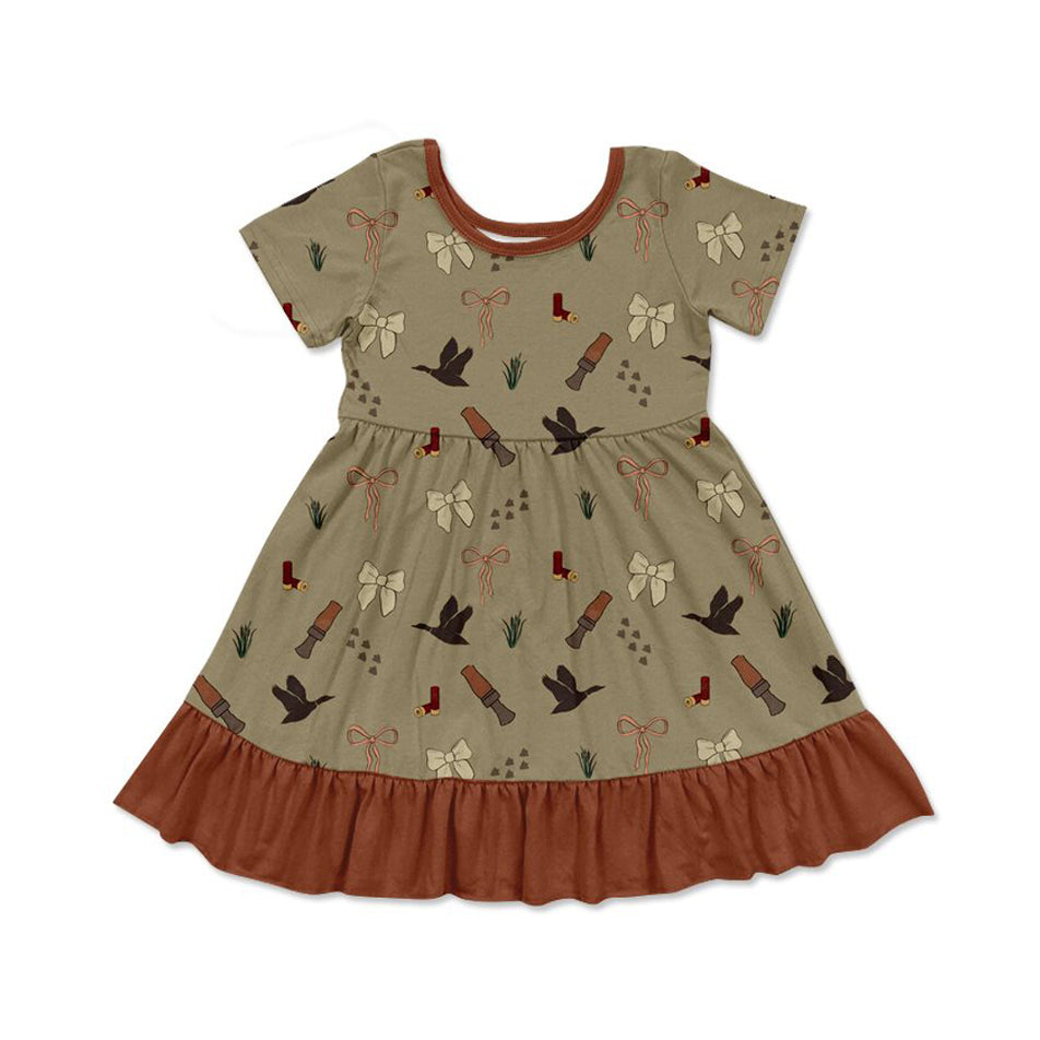 MOQ 5 PCS Preorder GSD3066 Duck Bows Brown Ruffle Short Sleeve Dresses for Girls 202511