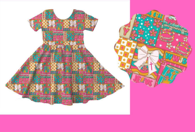MOQ 5 PCS Preorder GSD3070 Jesus Cross Flower Bow Pattern Plaid Short Sleeve Dresses for Girls 202511