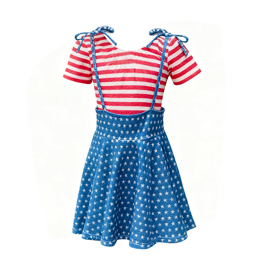 MOQ 5 PCS Preorder GSD3073 4th of July Red Stripe Short Sleeve with Star Blue Skirts Girls Sets 202511