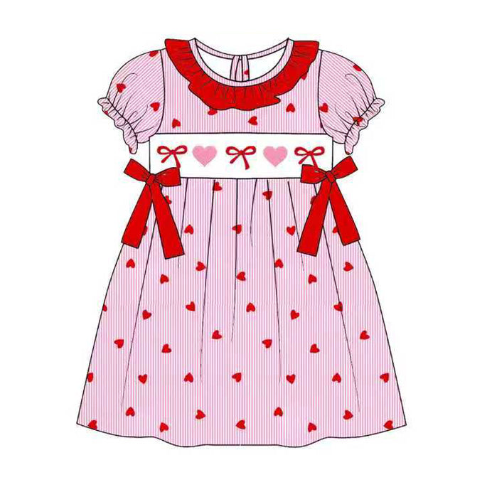 MOQ 5 PCS Preorder GSD3079 Valentines Day Love Bows Stripe Red Ruffle Short Sleeve Dresses for Girls 202511