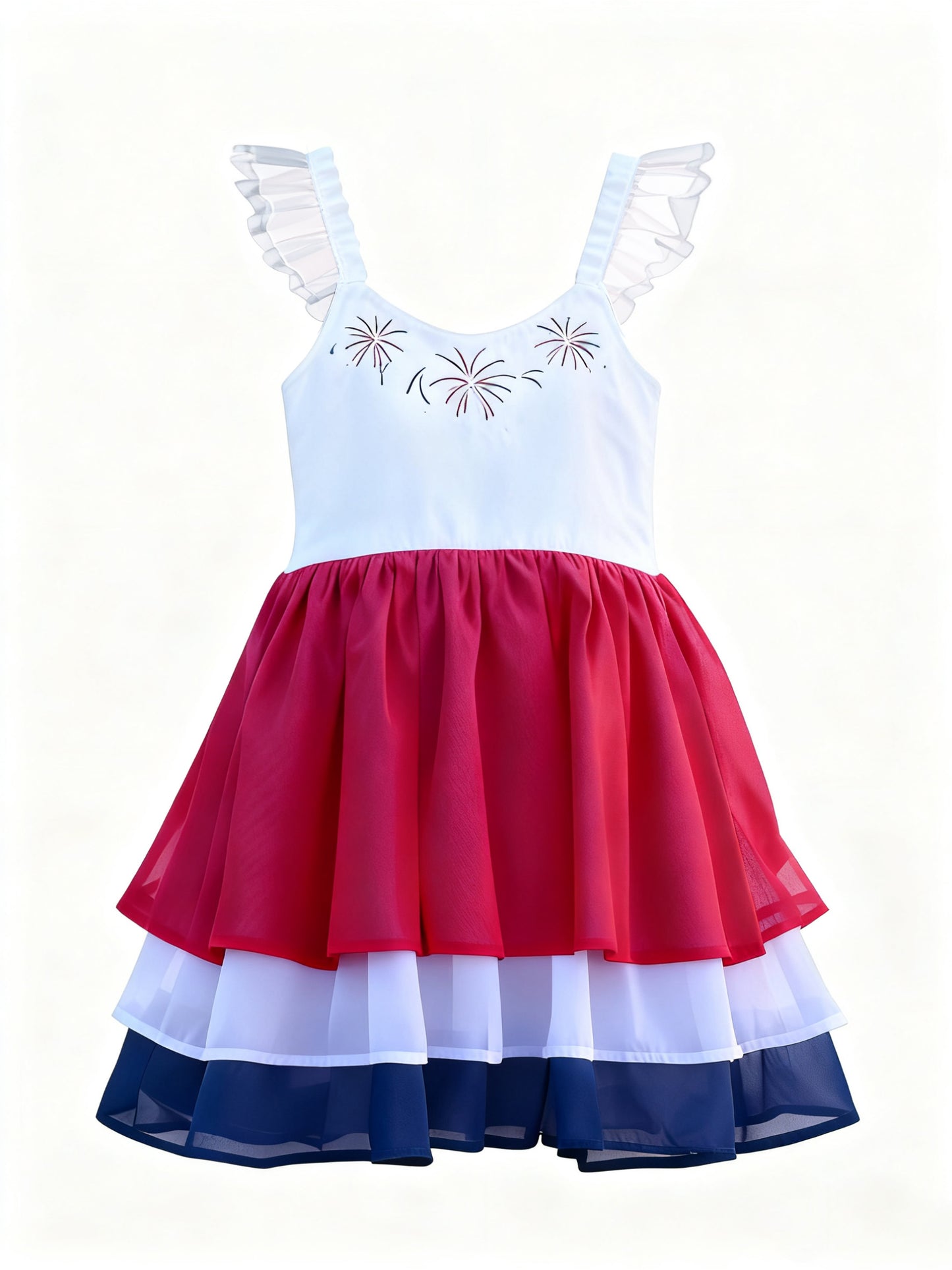 MOQ 5 PCS Preorder GSD3084 4th of July Fireworks Red Blue Flying Sleeve Dresses for Girls 202511