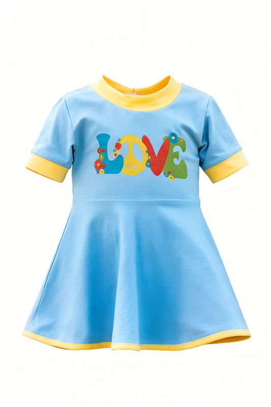 MOQ 5 PCS Preorder GSD3085 Valentines Day Love Blue Yellow Short Sleeve Dresses for Girls 202511
