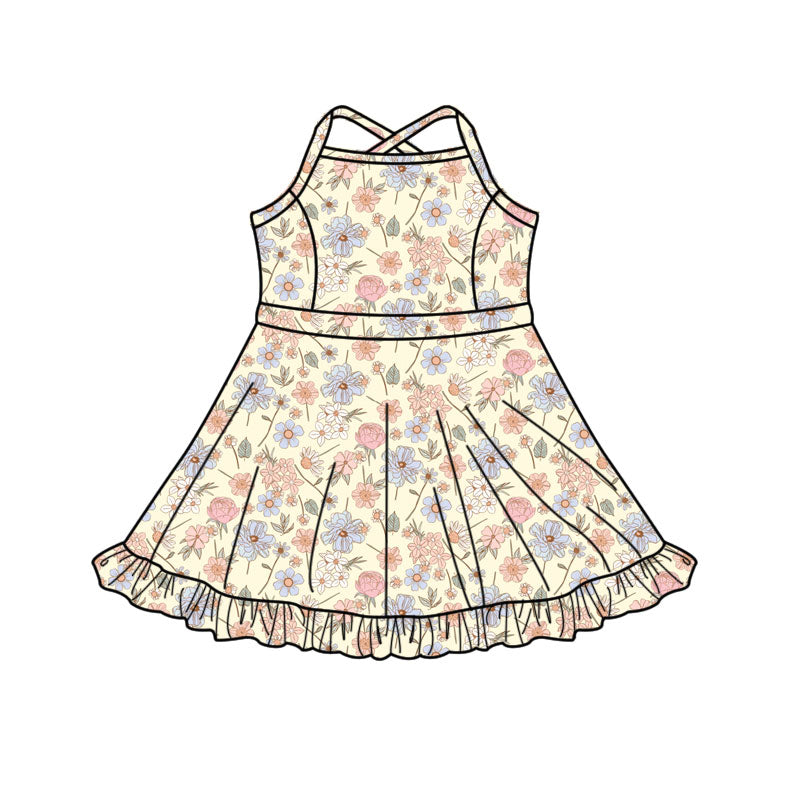 MOQ 5 PCS preorder GSD3088 Pink Blue Flower Beige Yoga Sleeveless Dresses for Girls 202511