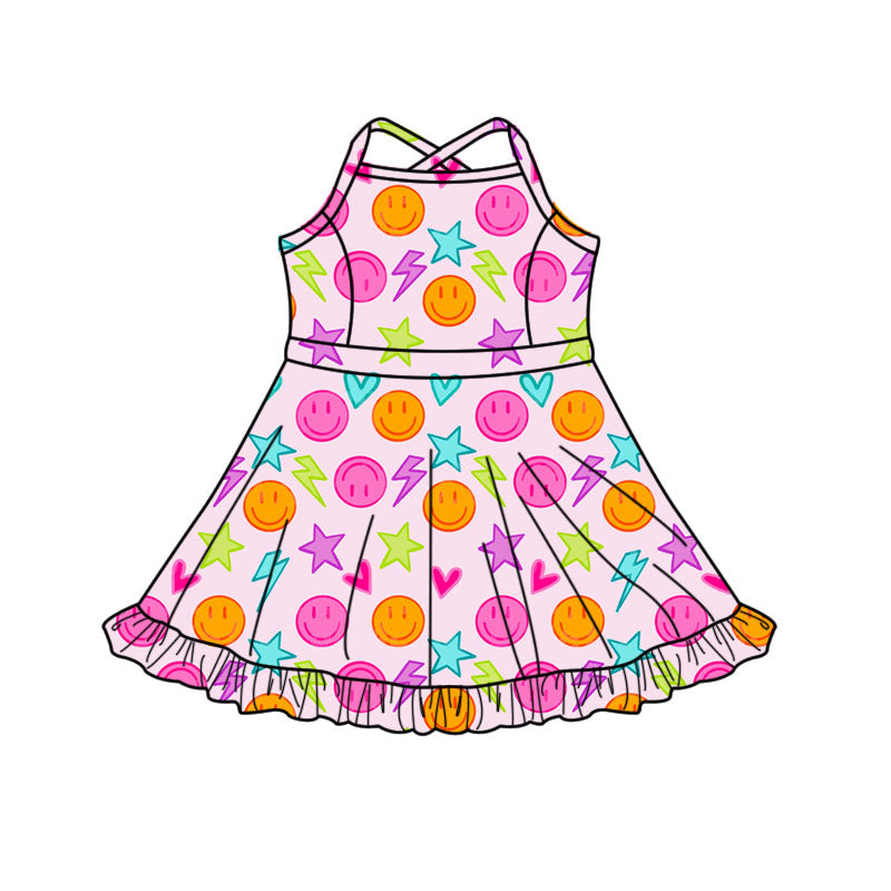 MOQ 5 PCS preorder GSD3089 Smile Face Star Love Lightning Yoga Sleeveless Dresses for Girls 202511