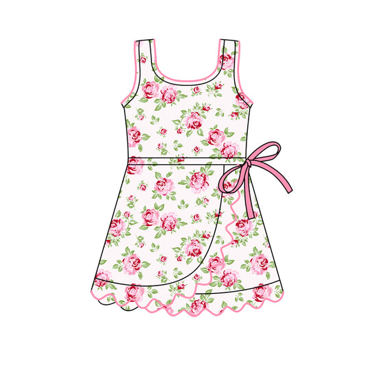 MOQ 5 PCS preorder GSD3093 Flower Leaf Ruffle Pink Bow Yoga Sleeveless Dresses for Girls 202511