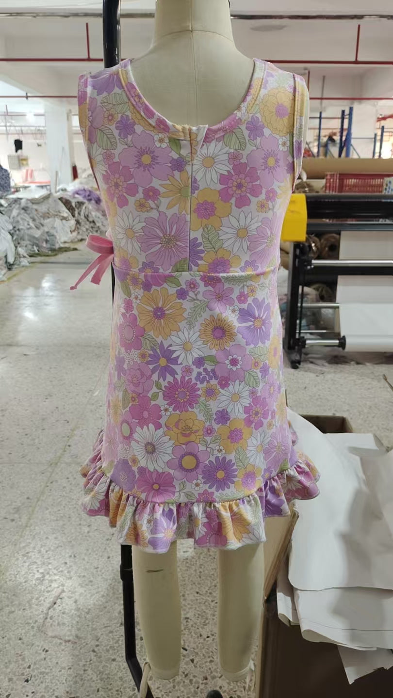 NO MOQ preorder GSD3095 Colored Flower Ruffle Purple Pink Bow Yoga Sleeveless Dresses for Girls 202511