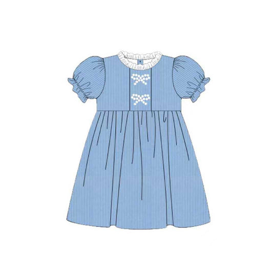 MOQ 5 PCS Preorder GSD3102 Bows Stripe Ruffle Blue Short Sleeve Dresses for Girls 202511