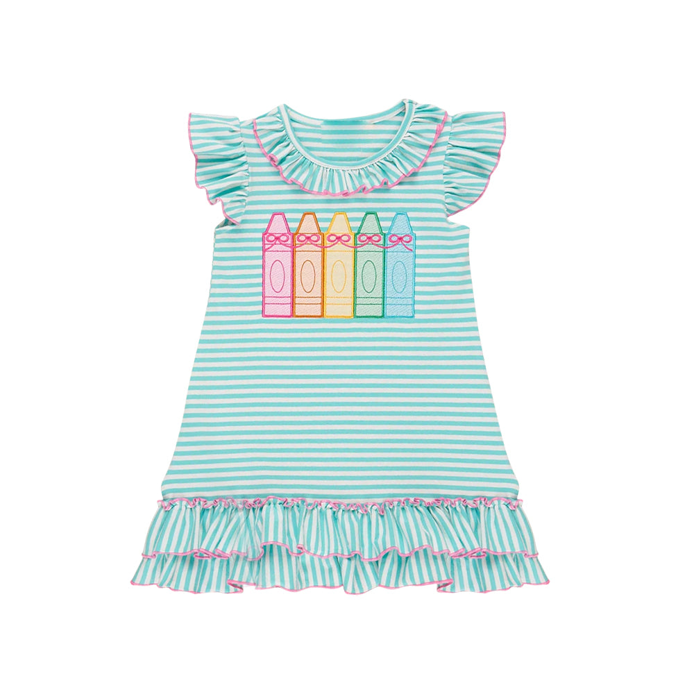 MOQ 5 PCS Preorder GSD3104 Back to School Blue Green Stripe Ruffle Flying Sleeve Dresses for Girls 202511