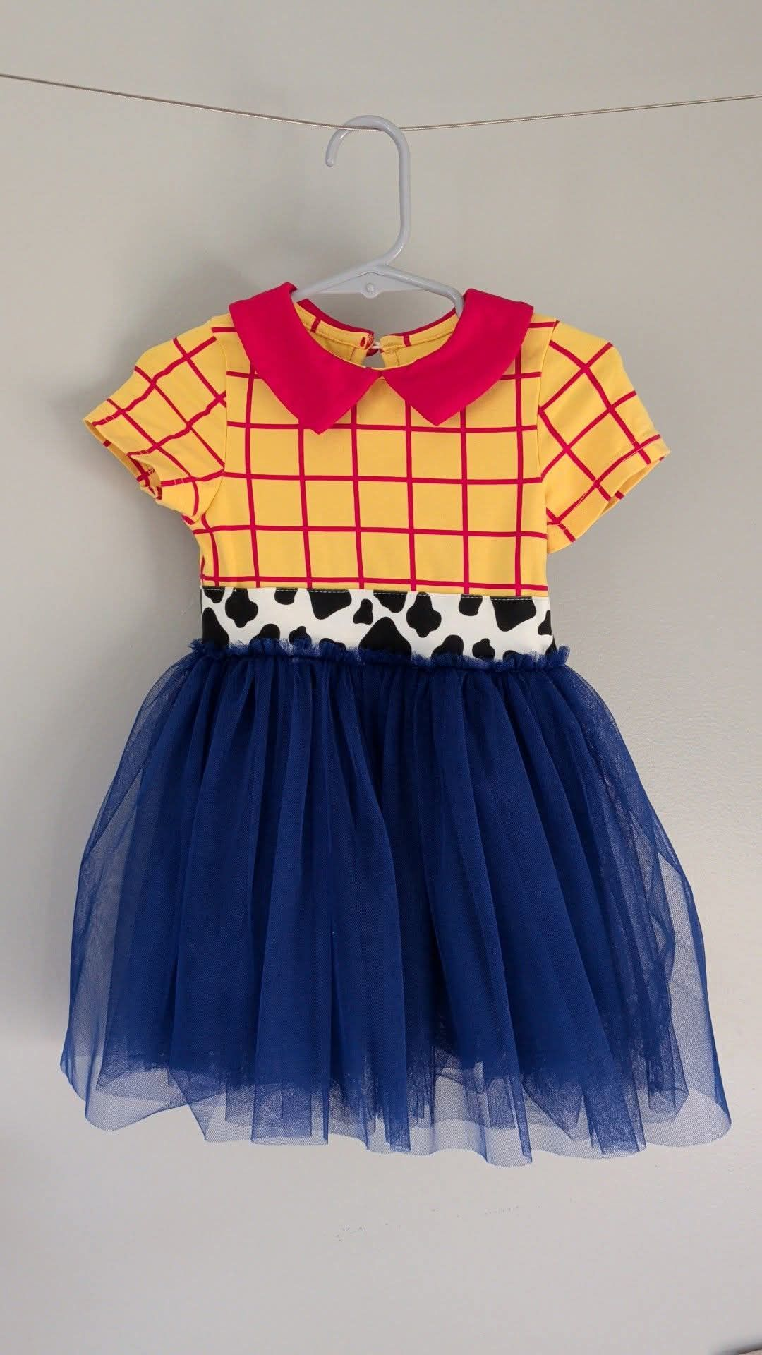 MOQ 5 PCS Preorder GSD3112 Cartoon Rose Red Doll Collar Yellow Plaid Blue Tulle Short Sleeve Dresses for Girls 202511