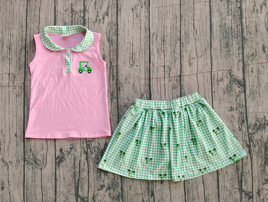 NO MOQ Preorder GSD3120 Golf Sightseeing Vehicle Green Plaid Doll Collar Pink Sleeveless Skirts Girls Sets 202512