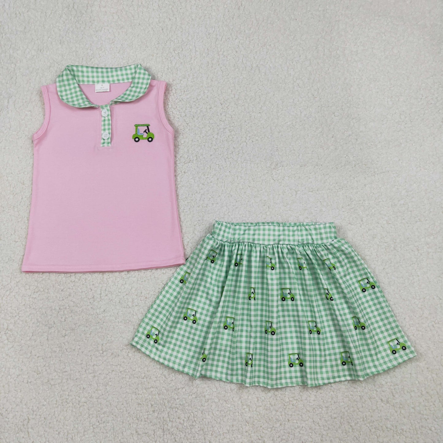 GSD3120 Golf Sightseeing Vehicle Green Plaid Doll Collar Pink Sleeveless Skirts Girls Sets 202601 RTS