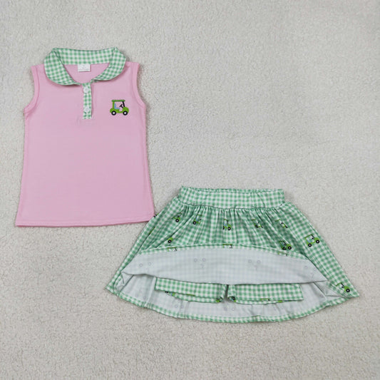 GSD3120 Golf Sightseeing Vehicle Green Plaid Doll Collar Pink Sleeveless Skirts Girls Sets 202601 RTS