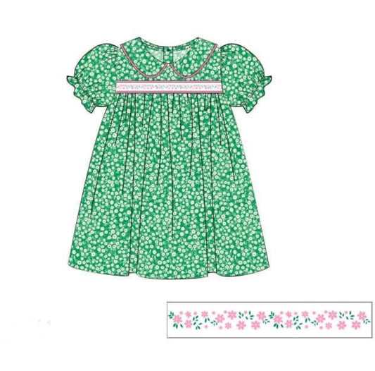 MOQ 5 PCS Preorder GSD3124 Floral Doll Collar Green Short Sleeve Dresses for Girls 202511