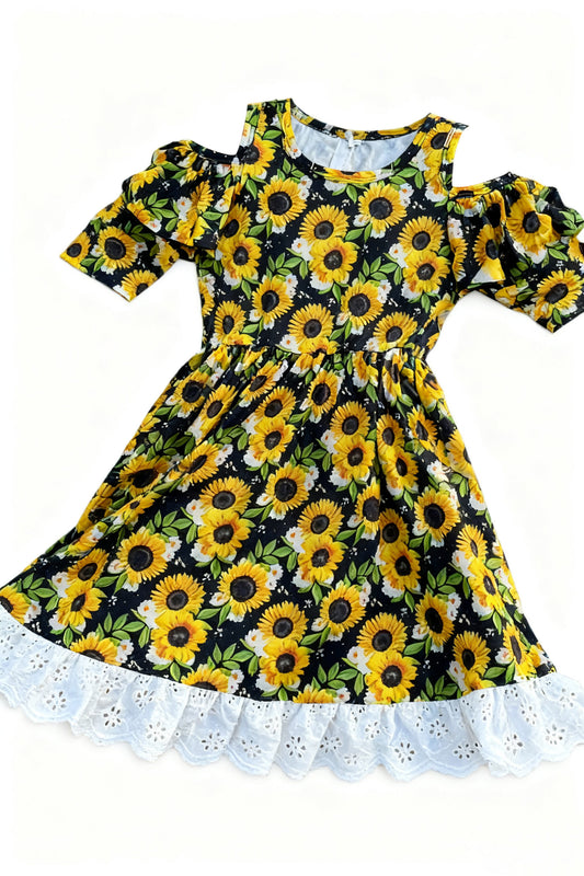 MOQ 5 PCS Preorder GSD3127 Sunflower Lace Ruffle Short Sleeve Dresses for Girls 202511