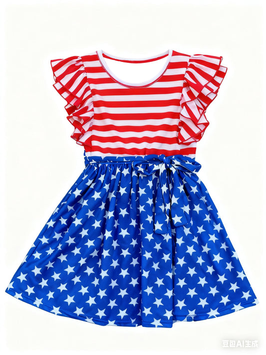 MOQ 5 PCS Preorder GSD3130 4th of July Stripe Star Flying Sleeve Dresses for Girls 202511